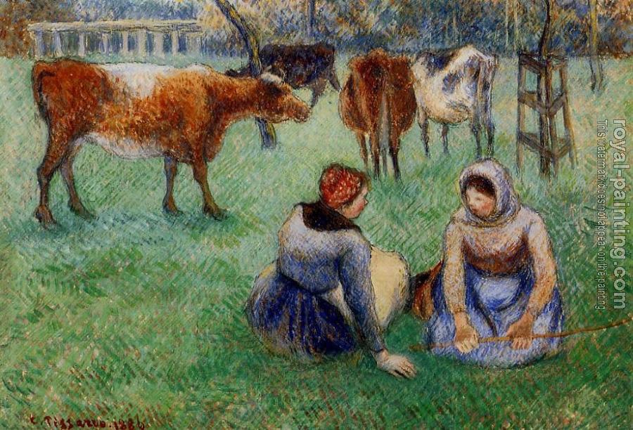 Camille Pissarro : Seated Peasants Watching Cows